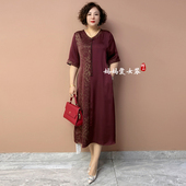 撞色设计国风短袖 中老年妈妈真丝连衣裙夏季 新款 旗袍裙显瘦长裙子