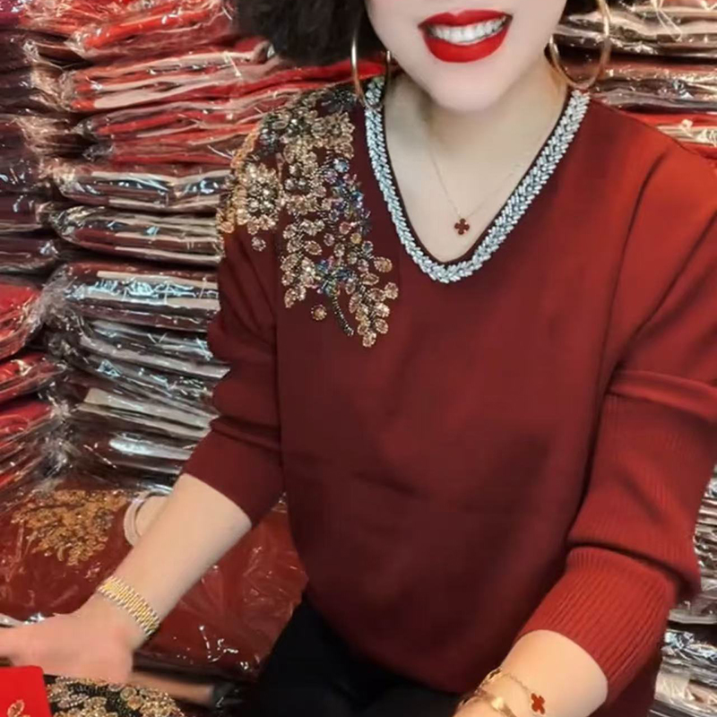 春季新款中年女装秋冬洋气妈妈装高品质胶麻针织套头上衣减龄小衫
