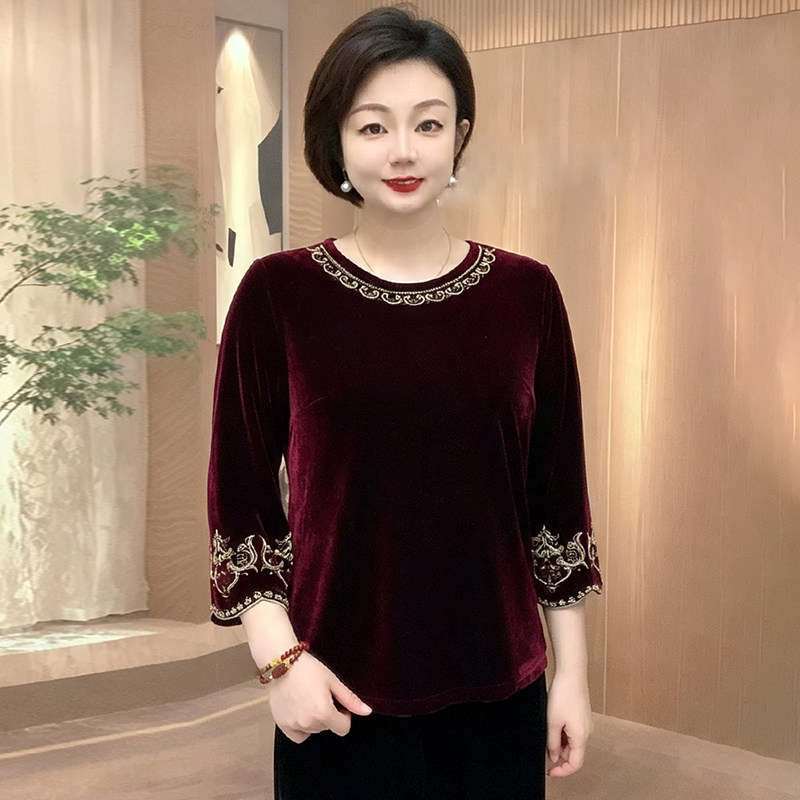 高品质!中年妈妈丝绒绣花上衣