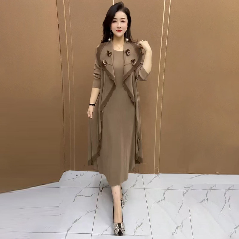 高档立体花褶皱连衣裙假两件长裙