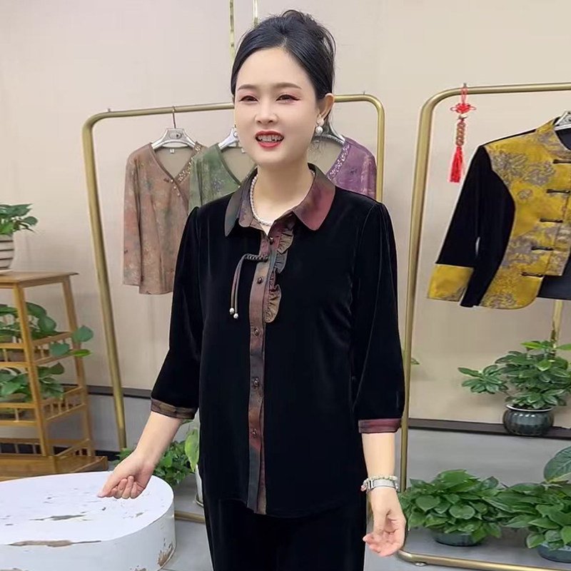 丝绒盘扣拼接翻领开衫上衣女遮肉显瘦小衫时尚气质百搭中老年女装,女装/女士精品,衬衫,淘宝优惠券,粉丝福利购,淘宝优惠卷