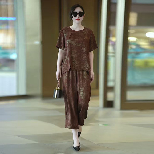 高品质！大码真丝提花妈妈两件套