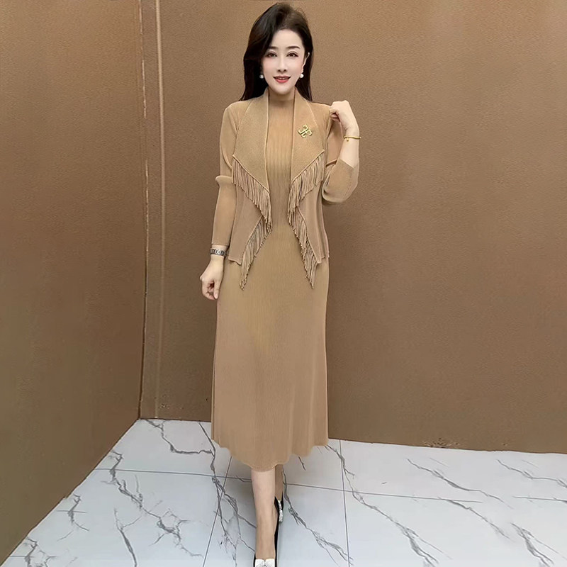 褶皱流苏西装领外套背心连衣裙两件套2026春季新款时尚中长款套裙