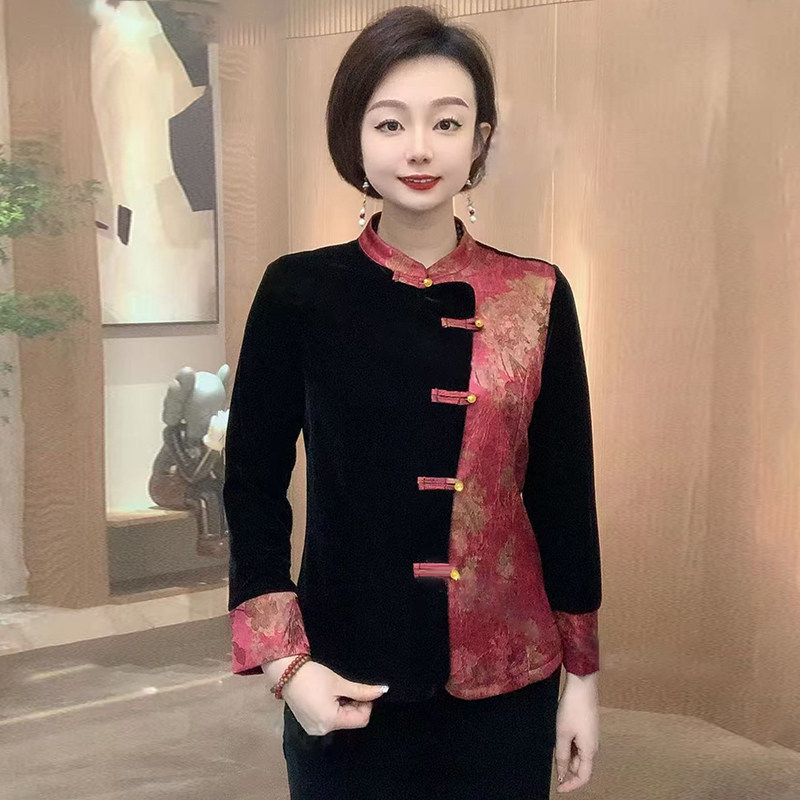 秋冬新款高档金丝绒妈妈衬衫大码宽松遮肉立领盘扣旗袍领打底上衣