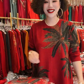 中年妈妈羊毛针织衫 上衣 打底衫 女宽松加肥加大码 印花毛衣遮肚长袖