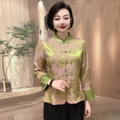 国风醋酸真丝提花妈妈大码开衫女