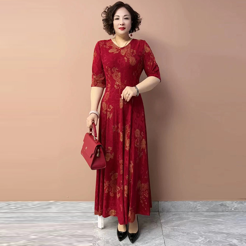 气质妈妈大摆连衣裙中袖显瘦长裙