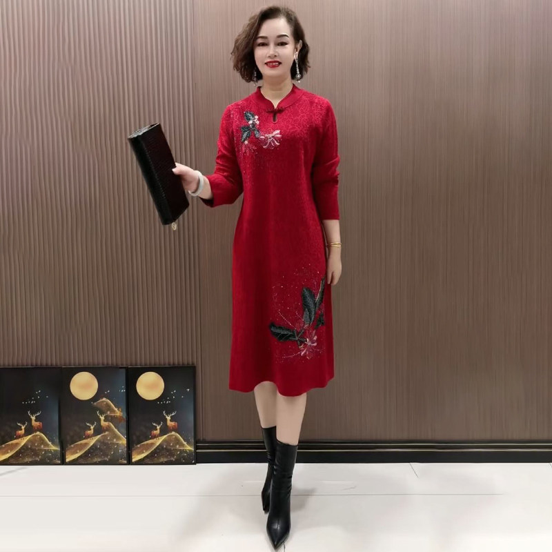 妈妈红色礼服冰丝减龄针织旗袍裙