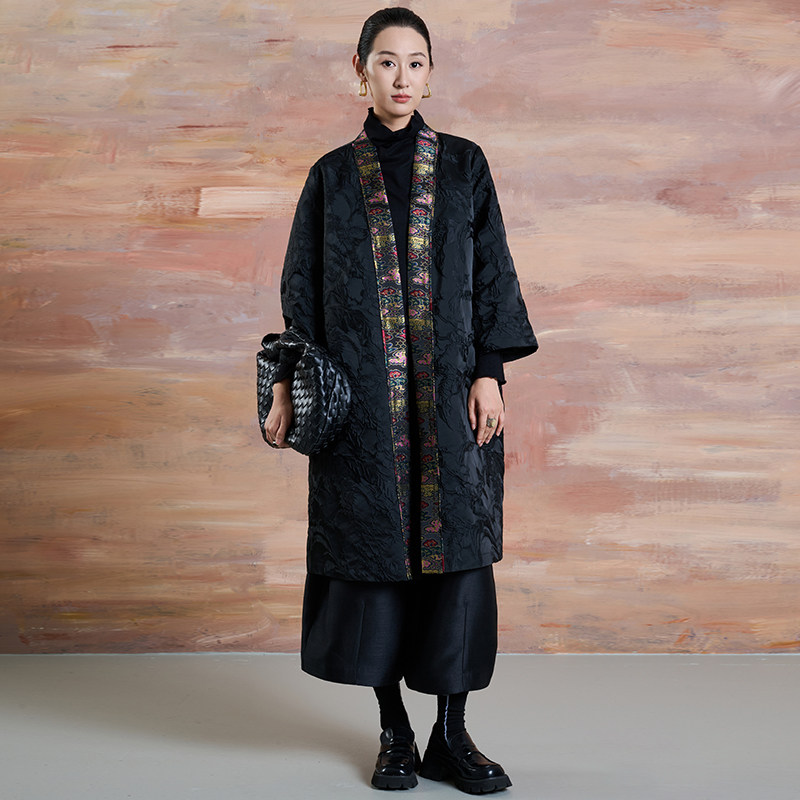 新中式立体提花长款外套女2025秋季新款国风大码拼接醋酸风衣外披