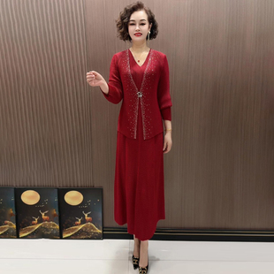 高端气质时尚百褶皱连衣裙洋气弹力大码中老年妈妈装假两件长裙子