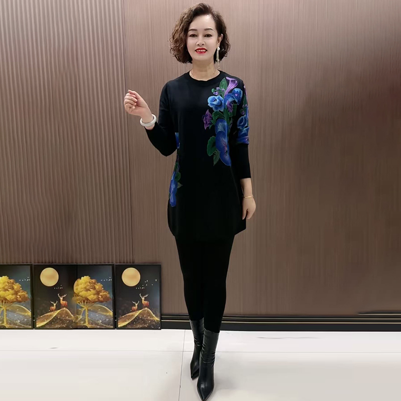 高品质!秋冬中长款印花宽松毛衣