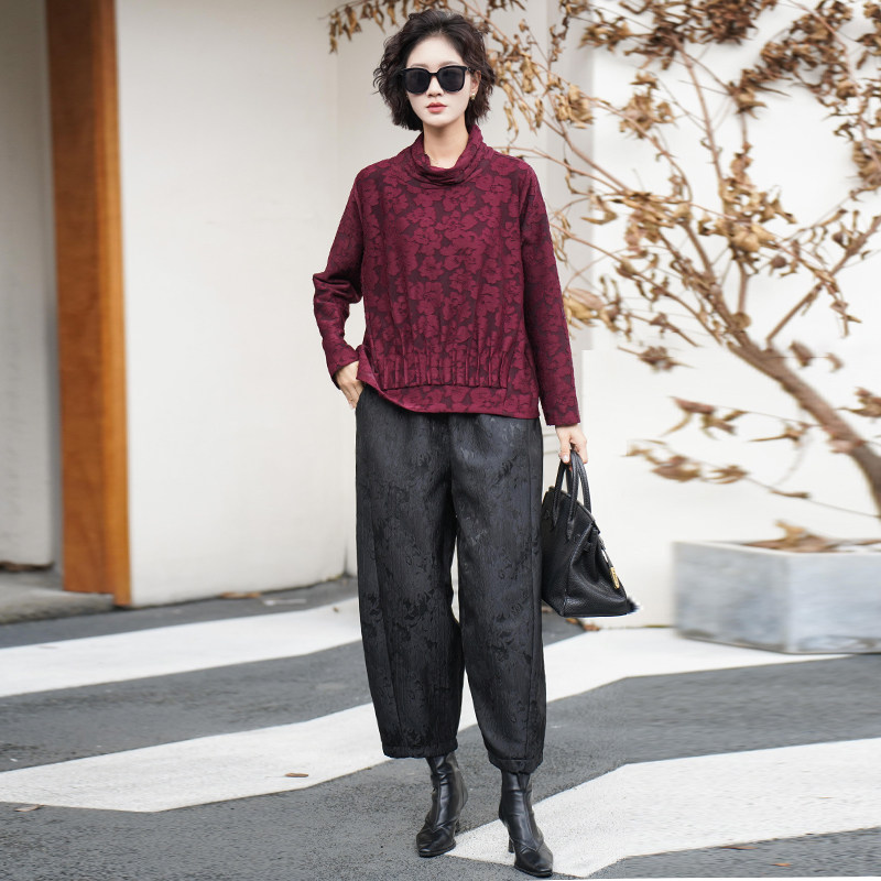 气质妈妈高端复古大码提花套装遮肚上衣百搭宽松阔腿裤显瘦两件套