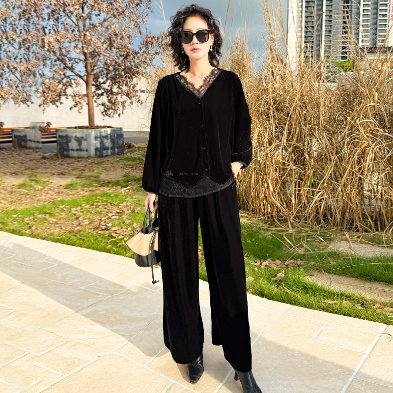 秋季复古大码高级感丝绒拼接蕾丝假两件上衣宽松阔腿裤显瘦两件套