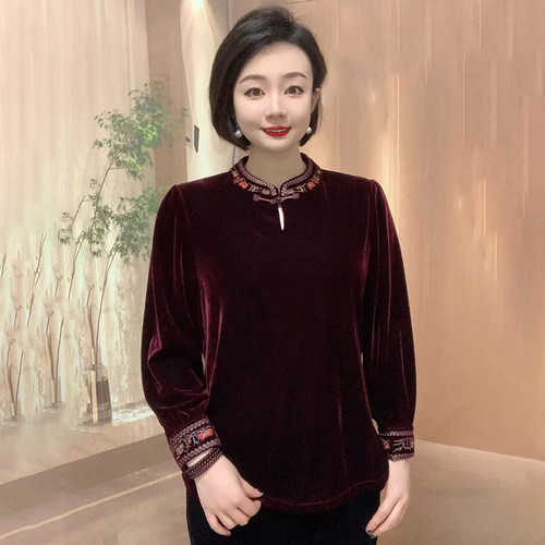 金丝绒妈妈上衣气质刺绣打底衫