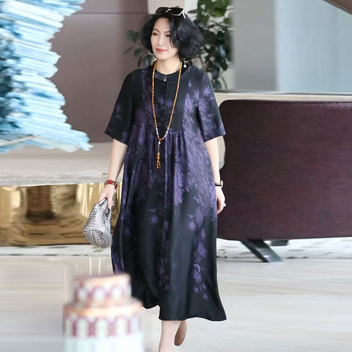 大码200斤复古印花妈妈连衣裙