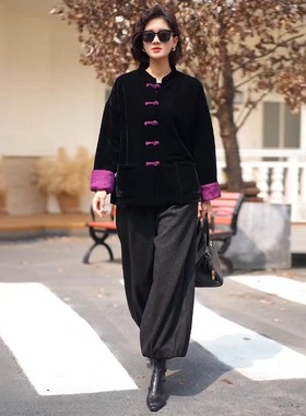 新中式黑色夹棉丝绒外套秋冬羽绒棉服大码高级感复古国风上衣唐装