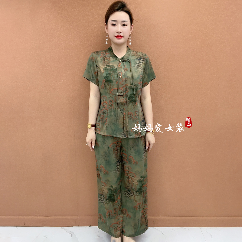 气质中年妈妈夏装套装2025新款50岁中老年女装短袖上衣洋气两件套