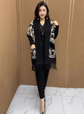 蝙蝠长袖流苏针织开衫女妈妈外套