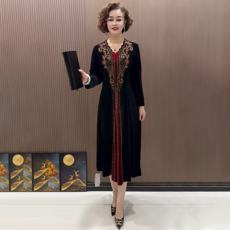 时尚镶钻妈妈连衣裙气质丝绒长裙