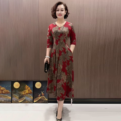 气质妈妈碎花弹力连衣裙大摆长裙