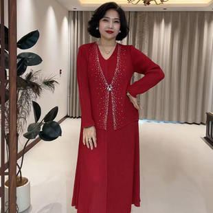 气质时尚女士褶皱连衣裙高档洋气弹力中老年妈妈减龄假两件长裙子