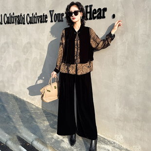 轻奢大码国风新中式盘扣高级感丝绒假两件上衣阔腿裤气质两件套装