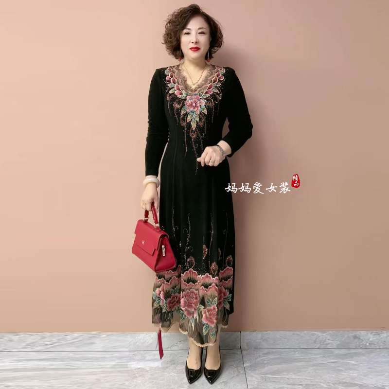 高贵气质妈妈绣花连衣裙收腰长裙