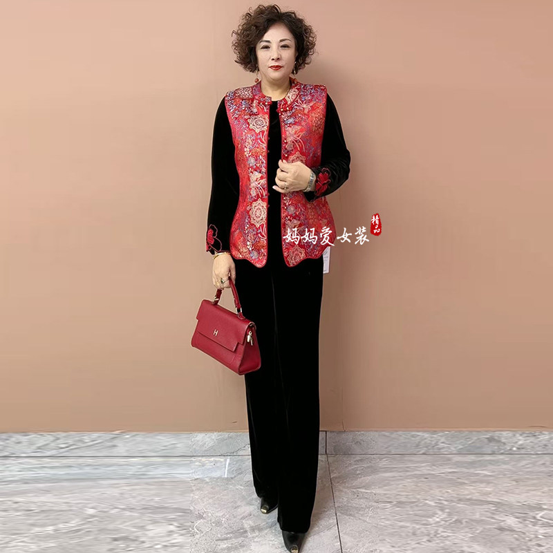 新中式国风妈妈装坎肩春装新款高档提花缎马甲民族风背心三件套装