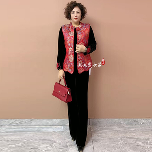 新中式国风妈妈装坎肩春装新款高档提花缎马甲民族风背心三件套装