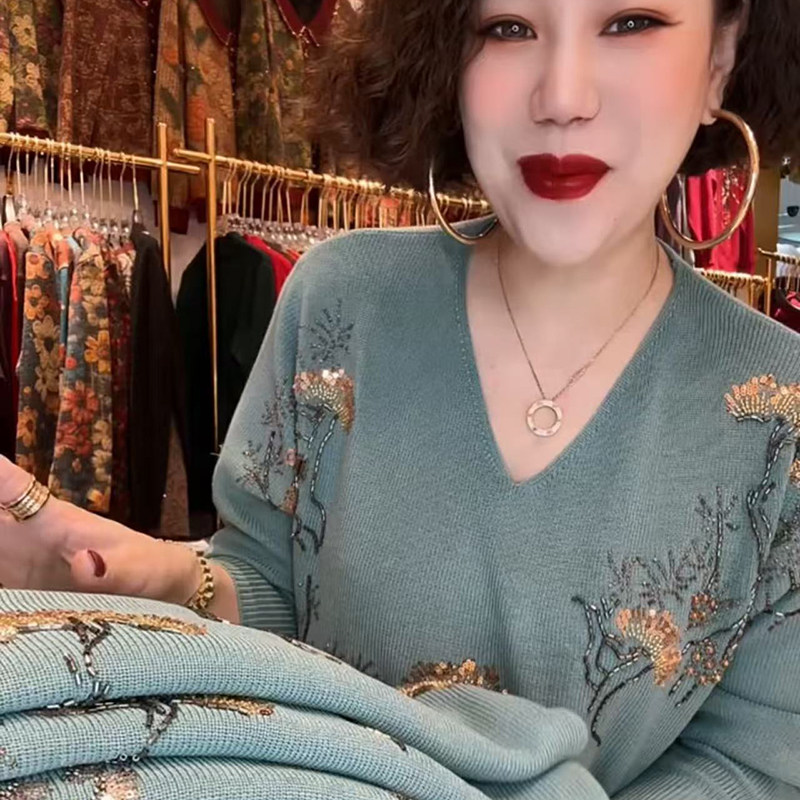 高品质!中年妈妈重工钉珠针织衫