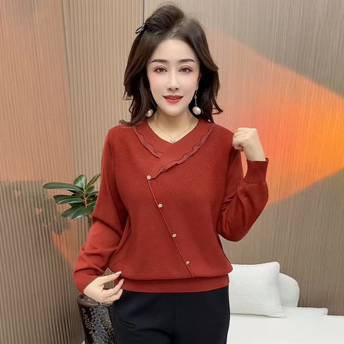 高品质！纯色花边领斜扣针织衫