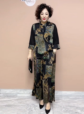 中老年妈妈真丝套装夏季新款桑蚕丝印花旗袍衫上衣套裤显瘦两件套