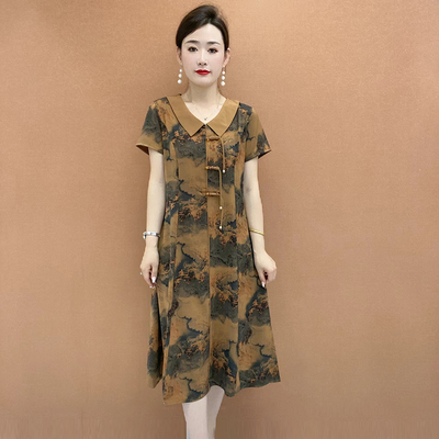 真丝翻领连衣裙大码减龄妈妈长裙
