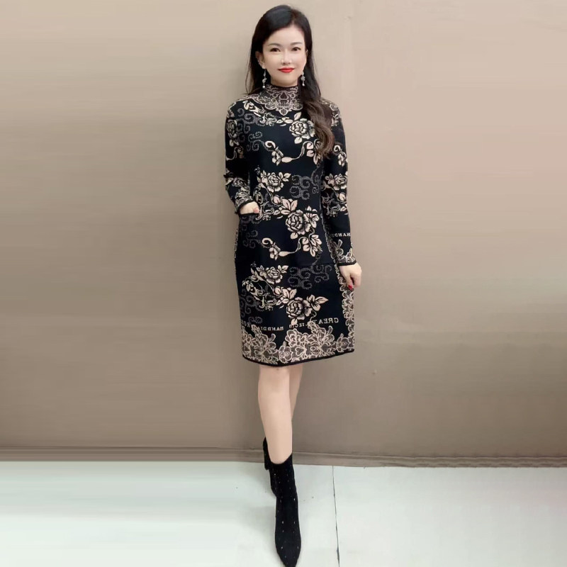气质妈妈针织连衣裙半高领打底裙