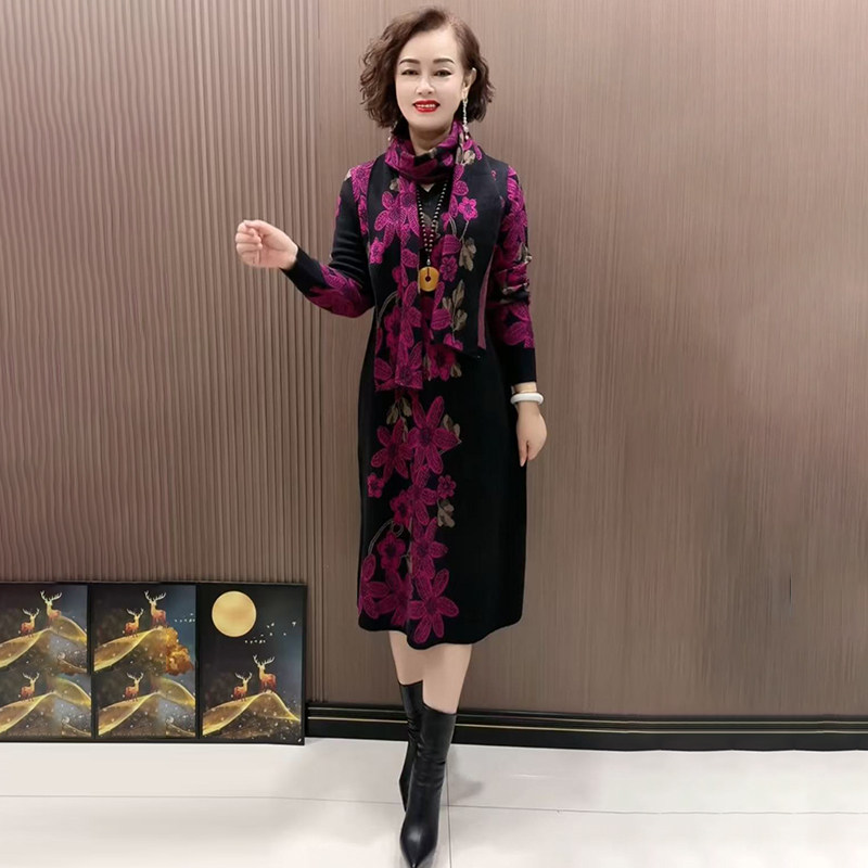 妈妈针织花色连衣裙带围巾毛衣裙