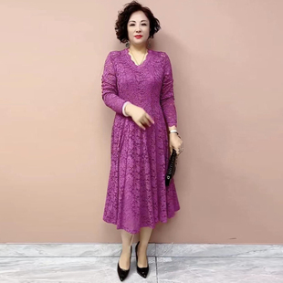 V领高档12片拼接高弹显瘦大摆裙长裙 气质妈妈蕾丝连衣裙春秋长袖