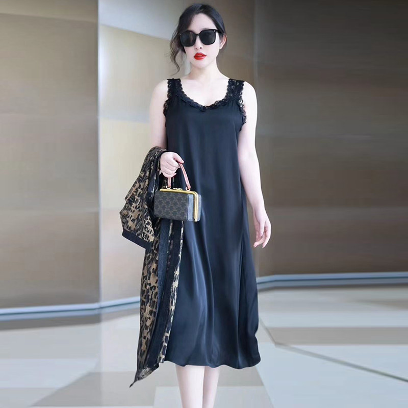 真丝背心吊带裙女夏季2025中长款宽松桑蚕丝打底无袖连衣裙外穿裙