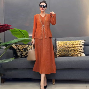 气质时尚女士褶皱连衣裙高档洋气弹力中老年妈妈假两件减龄长裙子