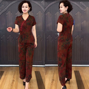 大码真丝香云纱两件套新款复古妈妈修身旗袍上衣阔腿裤桑蚕丝套装
