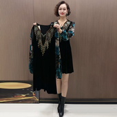 宽松大码 高端时尚 气质减龄年轻妈妈装 遮肉镶钻丝绒旗袍中长连衣裙