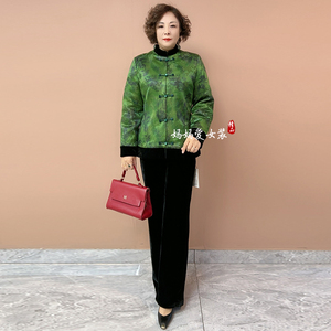 时尚冬季妈妈装丝绒复古短款棉服中老年加厚保暖唐装棉衣大码外套