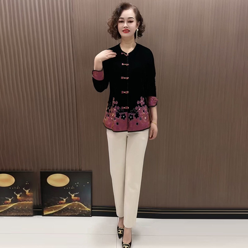 春秋显瘦盘扣丝绒拼接开衫中老年妈妈装洋气百搭减龄圆领国风外套,女装/女士精品,衬衫,淘宝优惠券,粉丝福利购,淘宝优惠卷