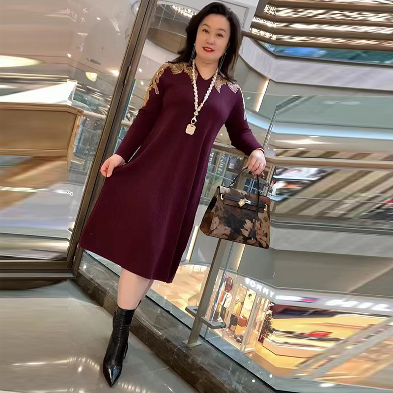 气质妈妈凤尾针织连衣裙打底裙子