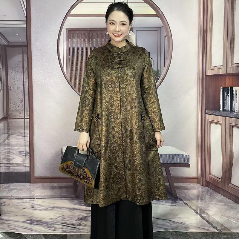 中年妈妈装大码中长款风衣外套2026春夏新款真丝提花修身显瘦大衣