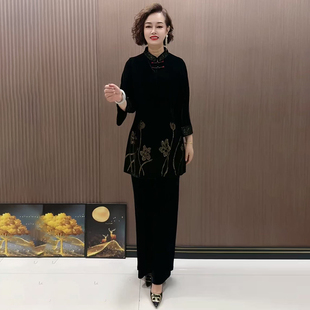 复古新中式中老年女装外套春秋装中长款金丝绒风衣宽松大码妈妈装