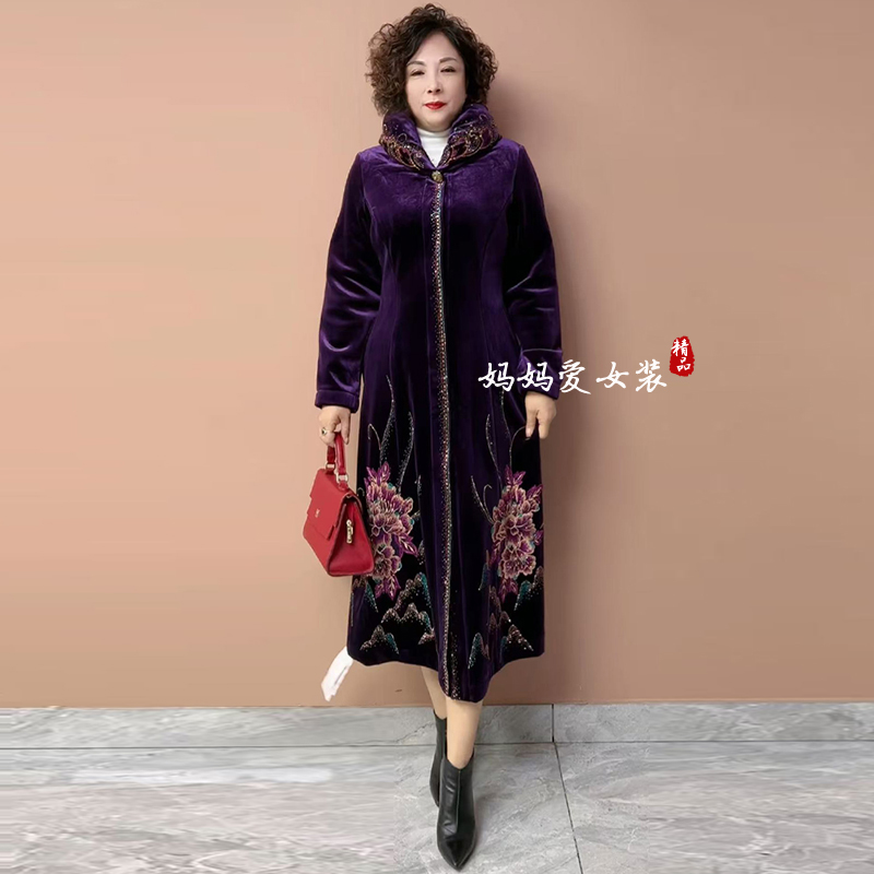 气质妈妈冬季镶钻棉服长款风衣女