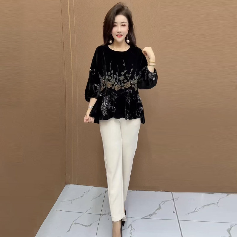 阔太太高端秋冬时尚烫钻收腰显瘦大码丝绒小衫中老年妈妈洋气上衣,女装/女士精品,时尚套装,淘宝优惠券,粉丝福利购,淘宝优惠卷