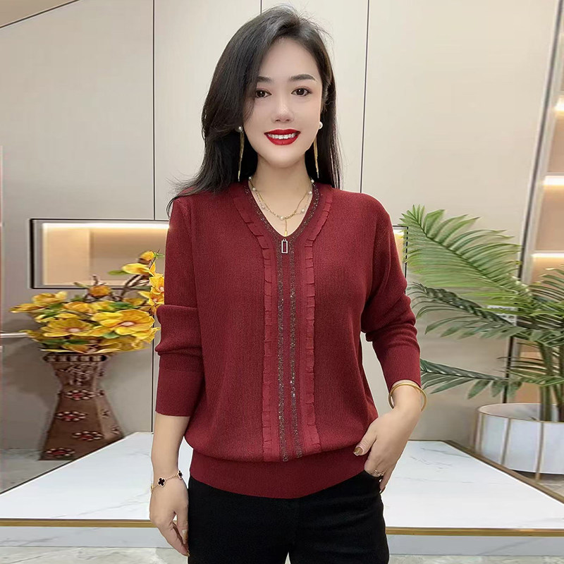 妈妈时尚V领宽松毛衣纯色打底衫