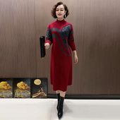宽松妈妈秋冬针织连衣裙中年女洋气打底毛衣中老年冬装 中长款 裙子