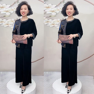 新中式国风步摇提花撞色浮雕中老年妈妈上衣2025秋季丝绒大码套装